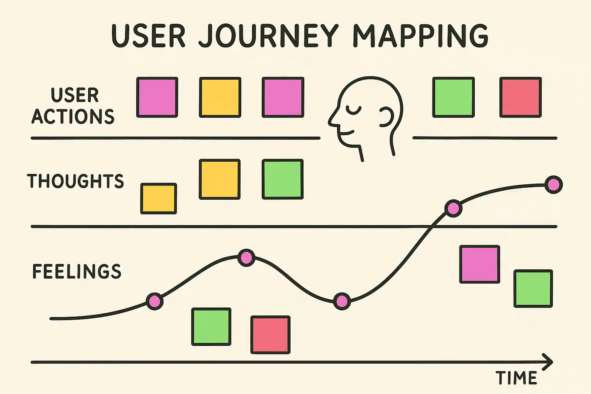 A detailed user journey map showing different touchpoints and emotional states over time. The map includes user actions, thoughts, and feelings at each stage.