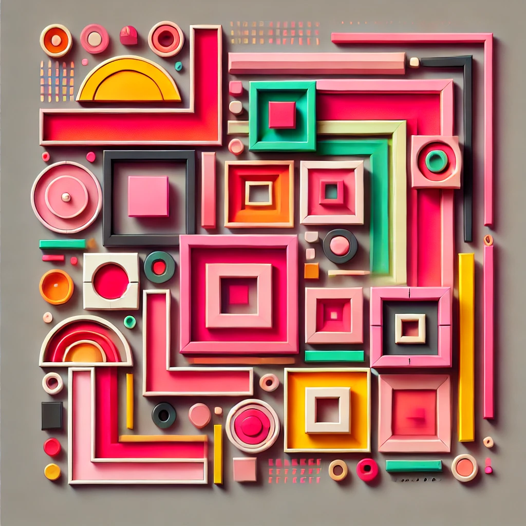 An abstract geometric artwork representing the ‘Framing Effect’. The image consists of various shapes and forms in pink, neon green, coral red, and yellow. The composition conveys the idea of how the presentation of information influences perception. Some shapes are highlighted or framed prominently, drawing attention, while others fade into the background, symbolizing selective emphasis. The artwork should feel dynamic and thought-provoking, with an interplay of sharp and soft edges, creating a sense of contrast between what is emphasized and what is overlooked.
